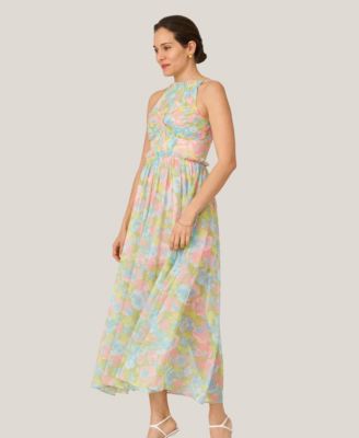 Women's Floral Pleated Bodice Halter Midi Dress