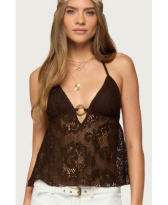 Womens Sheer Crochet Babydoll Halter Top
