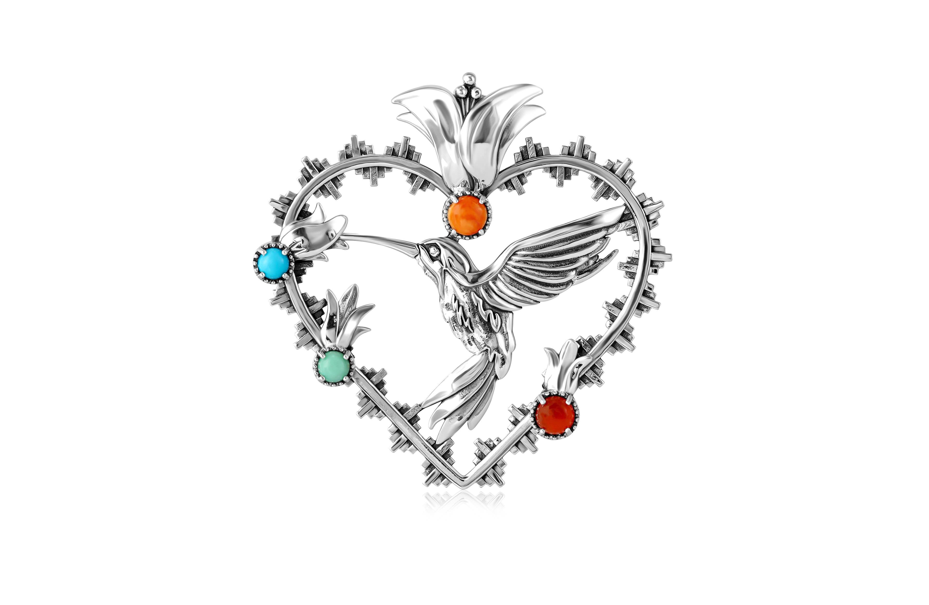 American West Jewelry Sterling Silver Multi-Gemstone Fritz Casuse Heart Hummingbird Pendant Enhancer