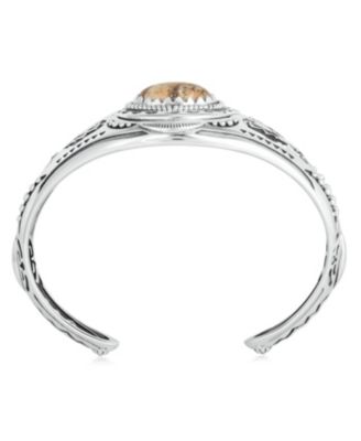 Sterling Silver Picture Jasper Oval Cut Bear Cuff Bracelet, Size Medium