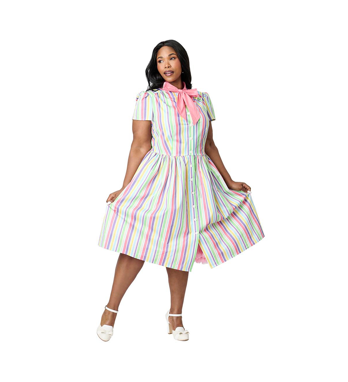 Plus Size Cora Swing Dress - Rainbow pastel stripe