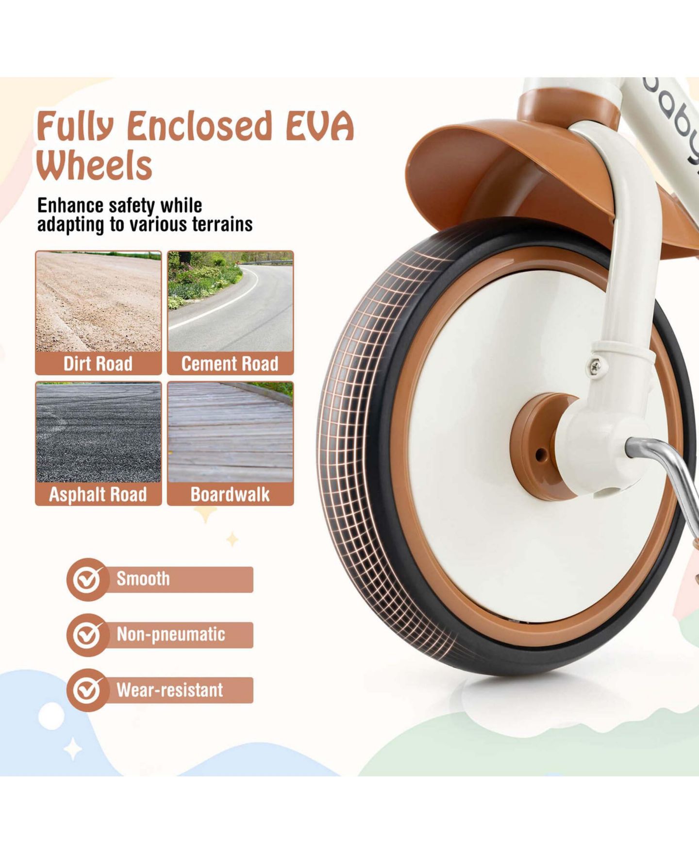 Детская игрушка Costway Toddler 3-Wheel Tricycle with Storage Basket and Adjustable Seat, 55 lb. Capacity, Ages 3-5, цвет: Бежевый / Хаки — фото 10