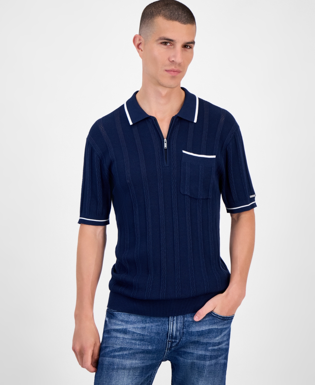 Karl Lagerfeld Men's Half-zip Knit Polo Shirt In Blue