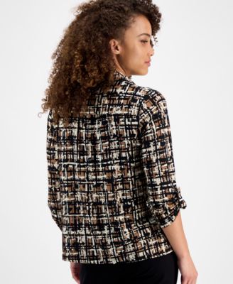 Petite Printed 3/4-Sleeve Roll-Tab Collared Top