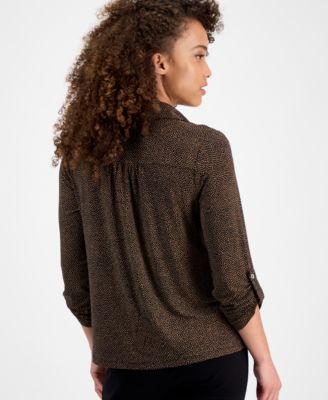 Petite 3/4-Sleeve Roll-Tab Collared Top