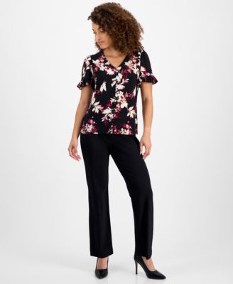 Petite Ruffled-Sleeve Floral-Print Blouse