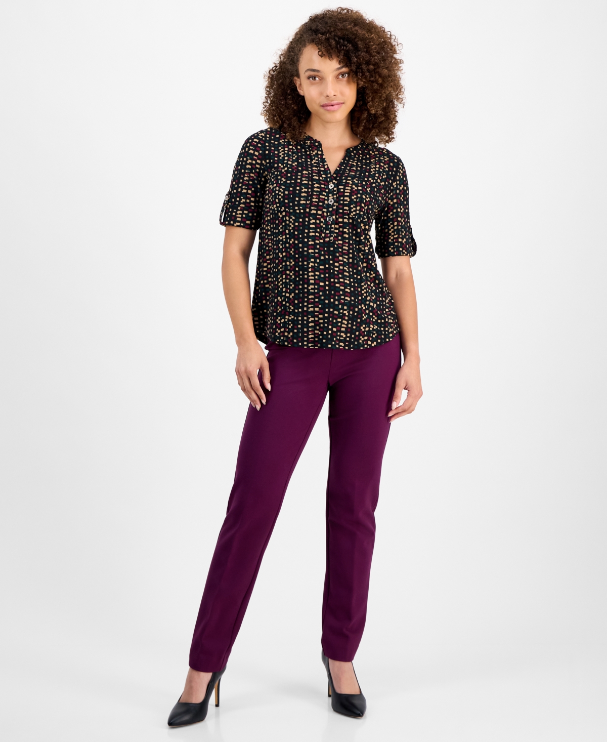 Ak Anne Klein Petite Printed Rolled-sleeve Button-front Top In Multi