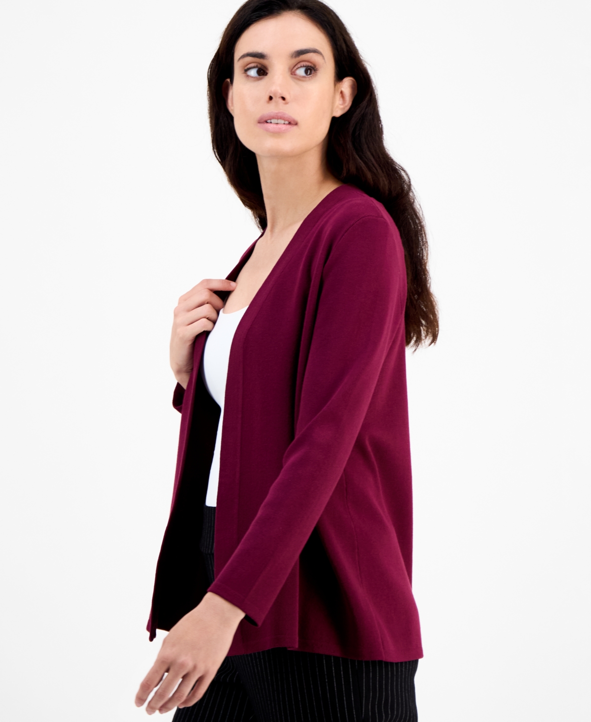 Ak Anne Klein Petite Newport Cardigan Sweater In Burgundy