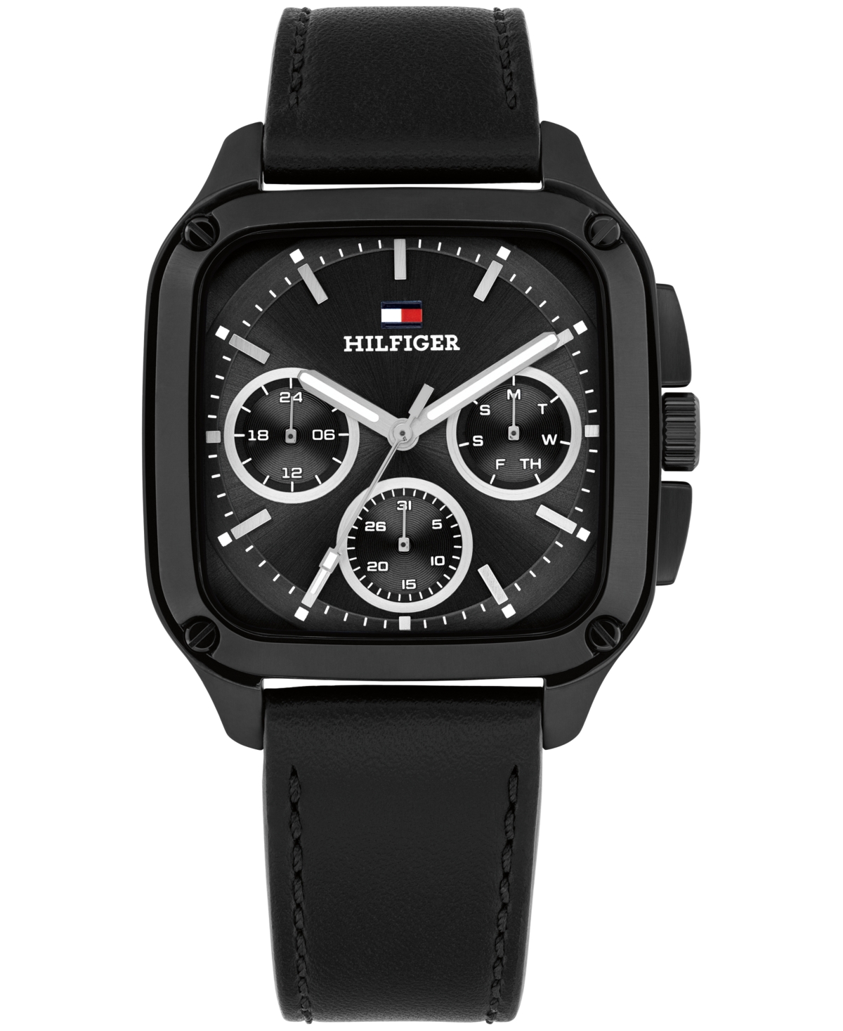 Men's Multifunction Black Leather Strap Watch, 39mm - Black