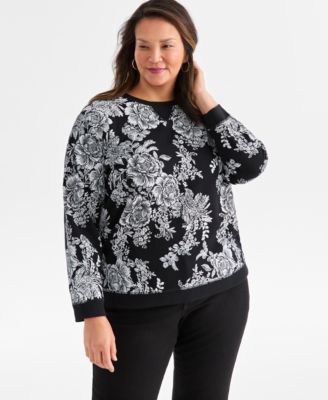 Style & Co - Plus Size Holiday Floral Graphic Long-Sleeve Sweater
