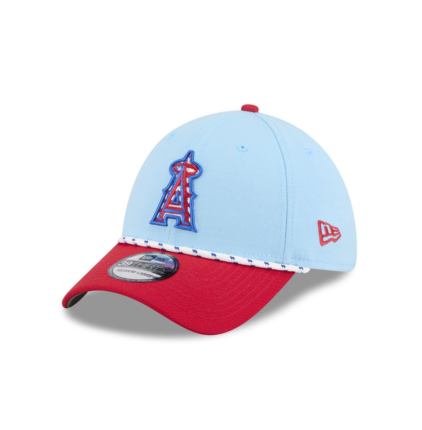 Мужская кепка New Era Light Blue/Red Los Angeles Angels 2025 Fourth of July 39THIRTY Flex Hat — фото 1