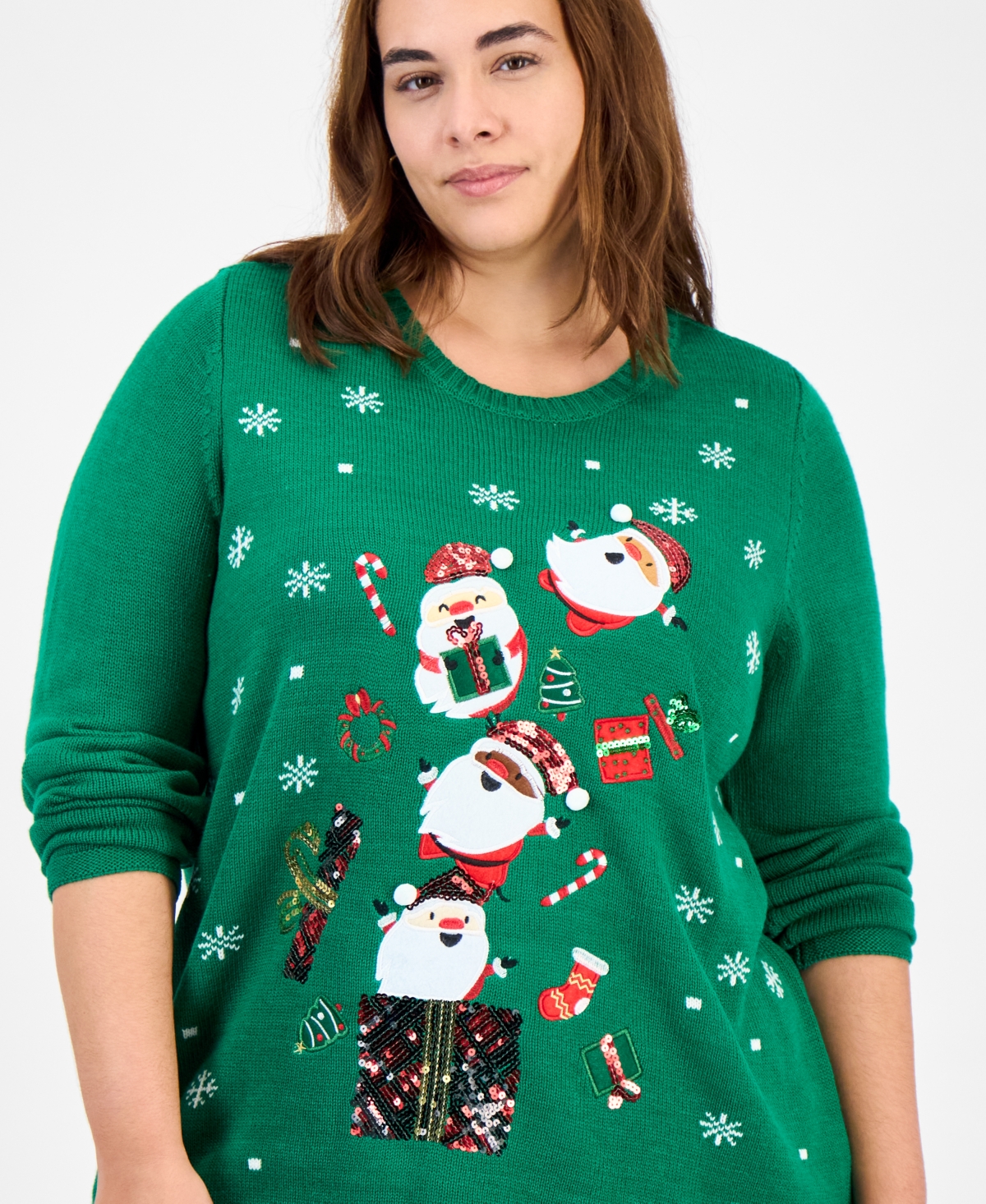 Holiday Lane Plus Santa Embellished Crewneck Sweater, Created For Macy's In Green