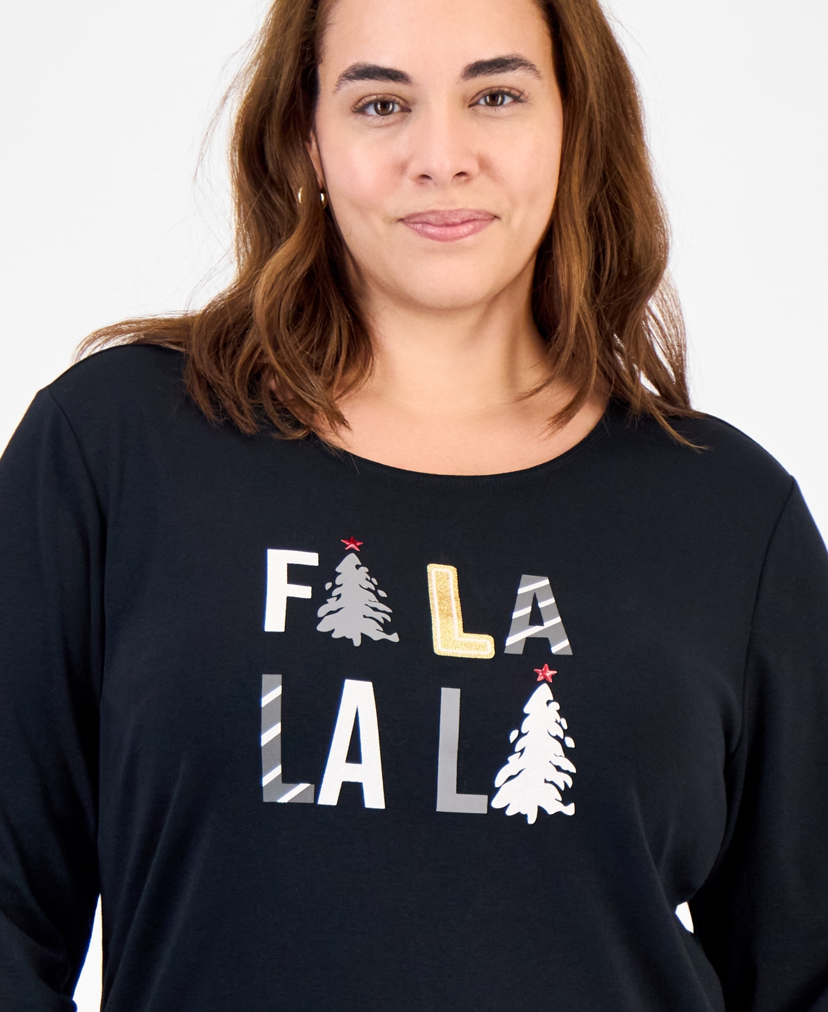 Holiday Lane Plus Size Fa La La La Long-sleeve T-shirt, Macy's Exclusive In Black