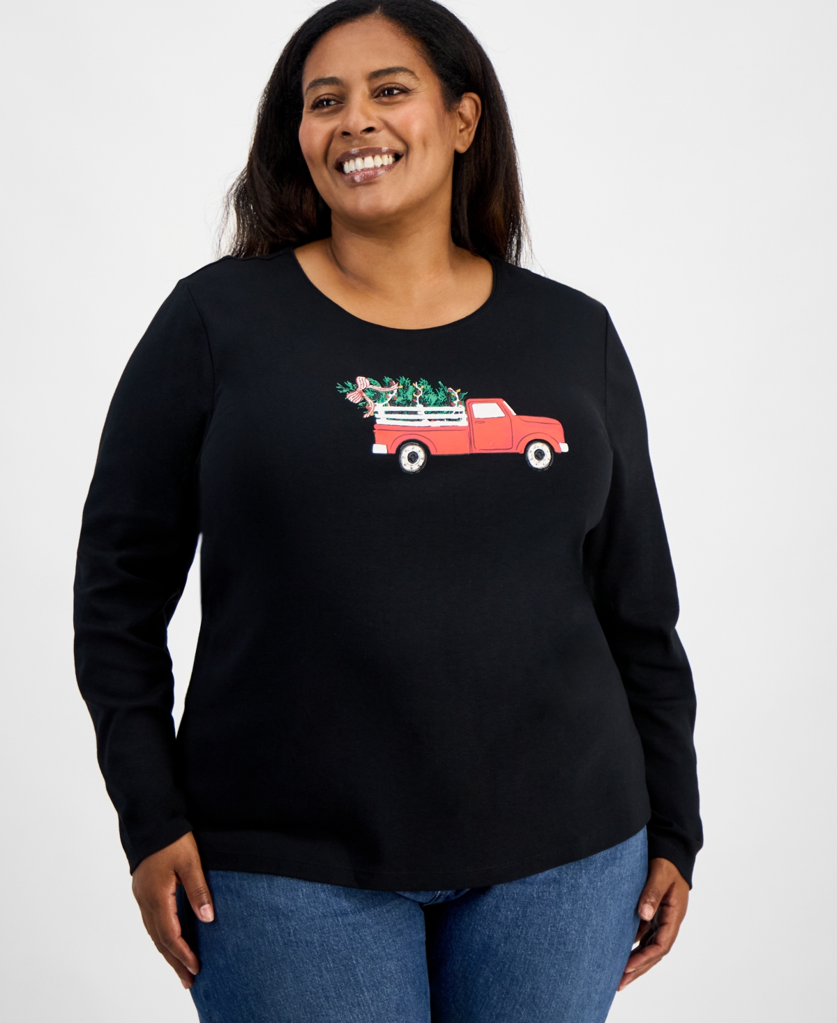 Holiday Lane Plus Size Holiday Truck Long-sleeve T-shirt, Macy's Exclusive In Black