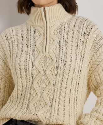 Women's Aran-Knit Cotton Quarter-Zip Pullover