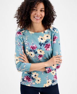 Petite Cotton Floral 3/4-Sleeve Boat-Neck Top, Macy's Exclusive