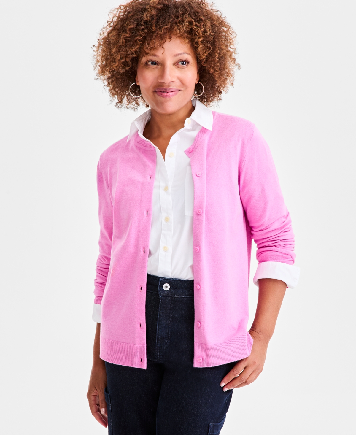 Style & Co Women's Button-down Long-sleeve Cardigan, Created For Macy's In Pink