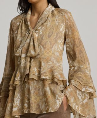 Women's Paisley Ruffle-Trim Tie-Neck Blouse