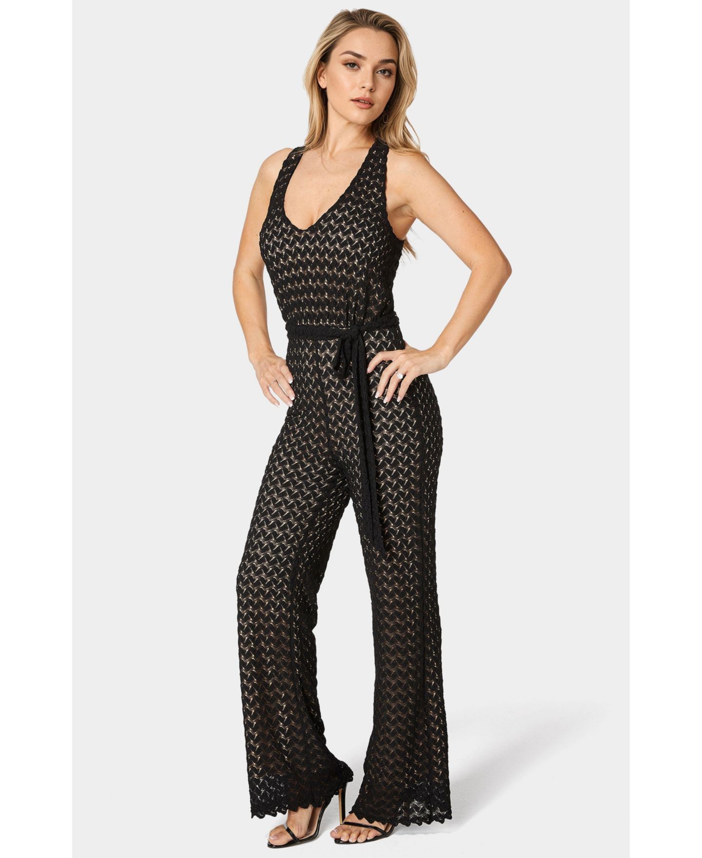 Женский комбинезон Bebe Lace V-Neck Jumpsuit, цвет: Чёрный телесный — фото 2
