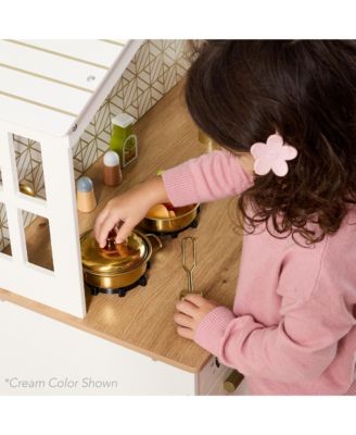 Pretend Play Wooden Farmhouse Kitchen Set w/ Storage, Clicking Knobs, 5 Accessories