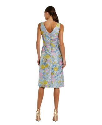 Women's Floral Brocade Sleeveless Midi Dress With Bow