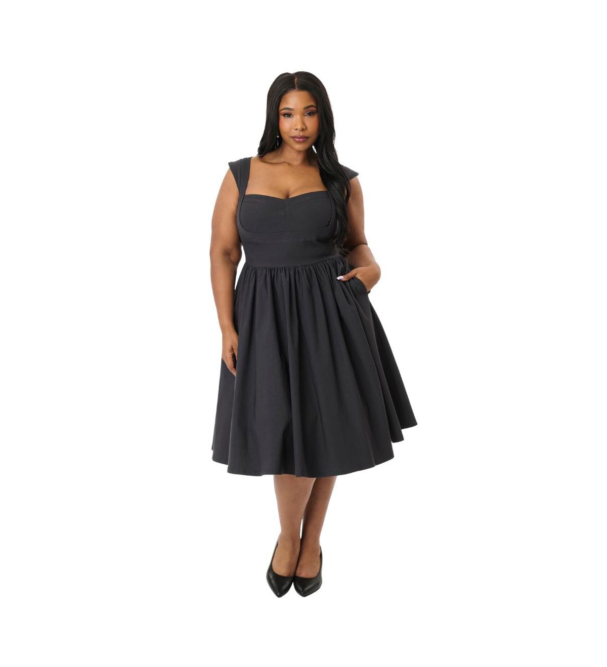 Plus Size 1950s Sweetheart Sleeveless Swing Dress - Black