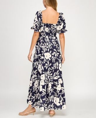 Juniors' Woven Printed Fit & Flare Maxi Dress