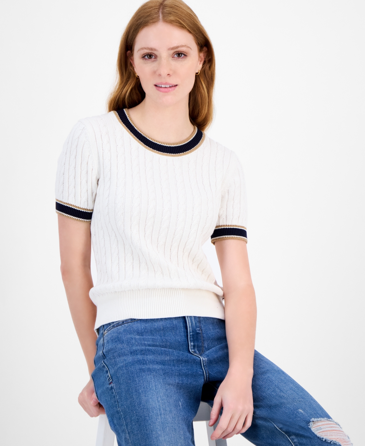 Tommy Hilfiger Women's Cotton Short-sleeve Cable Knit Sweater In Multi