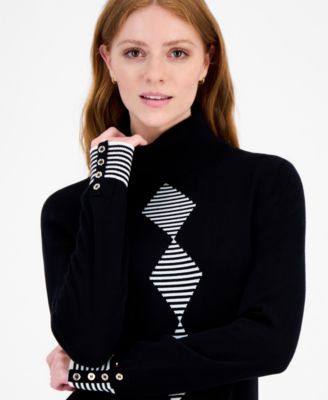 Women's Cotton Argyle Striped Turtleneck Sweater
