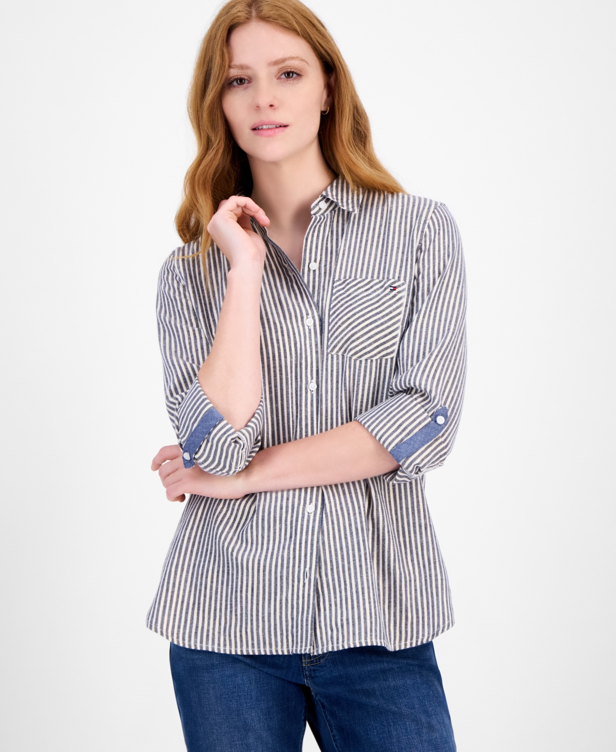 Tommy Hilfiger Women's Shine-stripe Roll-tab Shirt In Multi