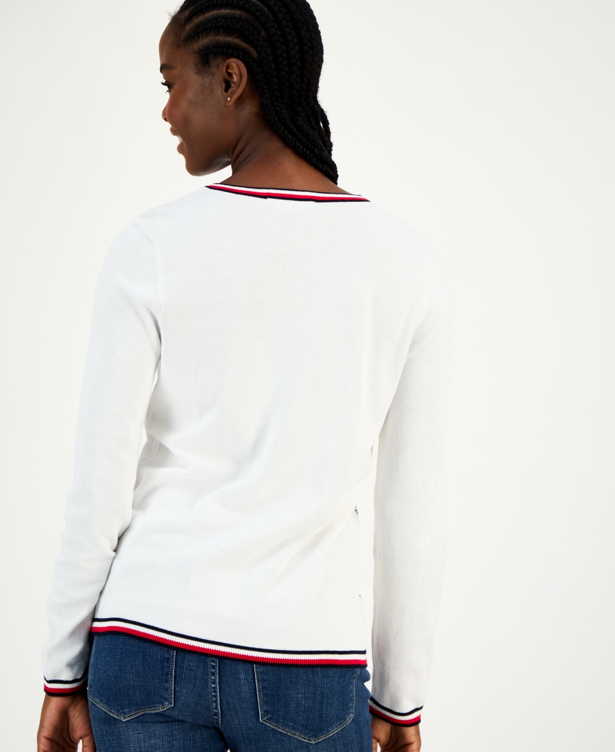 Tommy Hilfiger Women's Cotton Hotfix Cluster V-neck Sweater In White