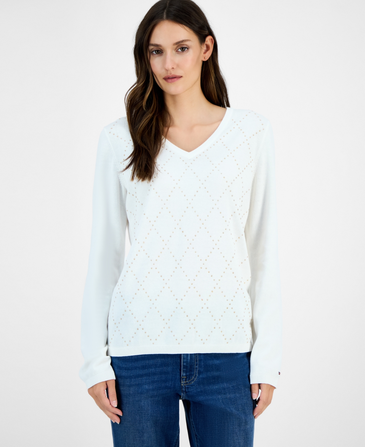 Tommy Hilfiger Women's Studded Argyle Cotton V-Neck Sweater