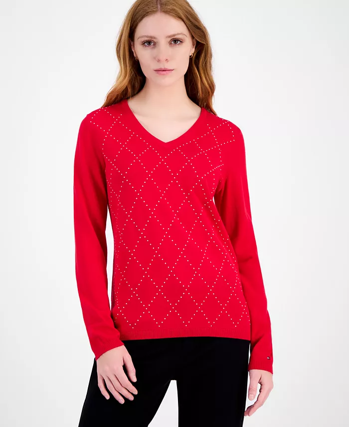 Women's Studded Argyle Cotton V-Neck Sweater