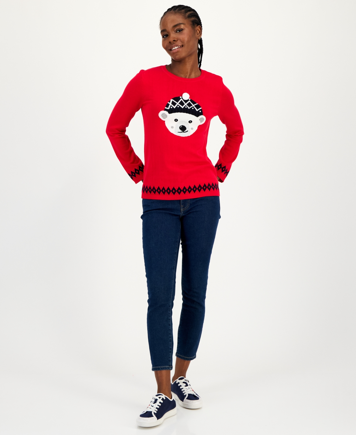 Tommy Hilfiger Women's Cotton Beanie Bear Crewneck Sweater In Red