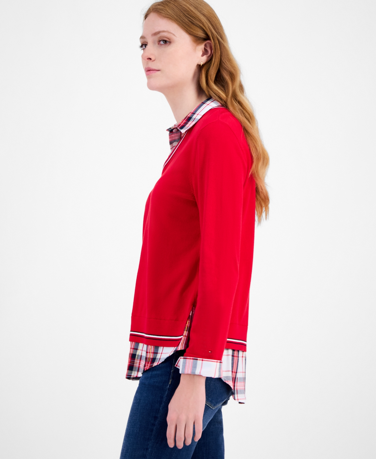 Tommy Hilfiger Women's Cotton Twofer V-neck Long-sleeve Sweater In Red
