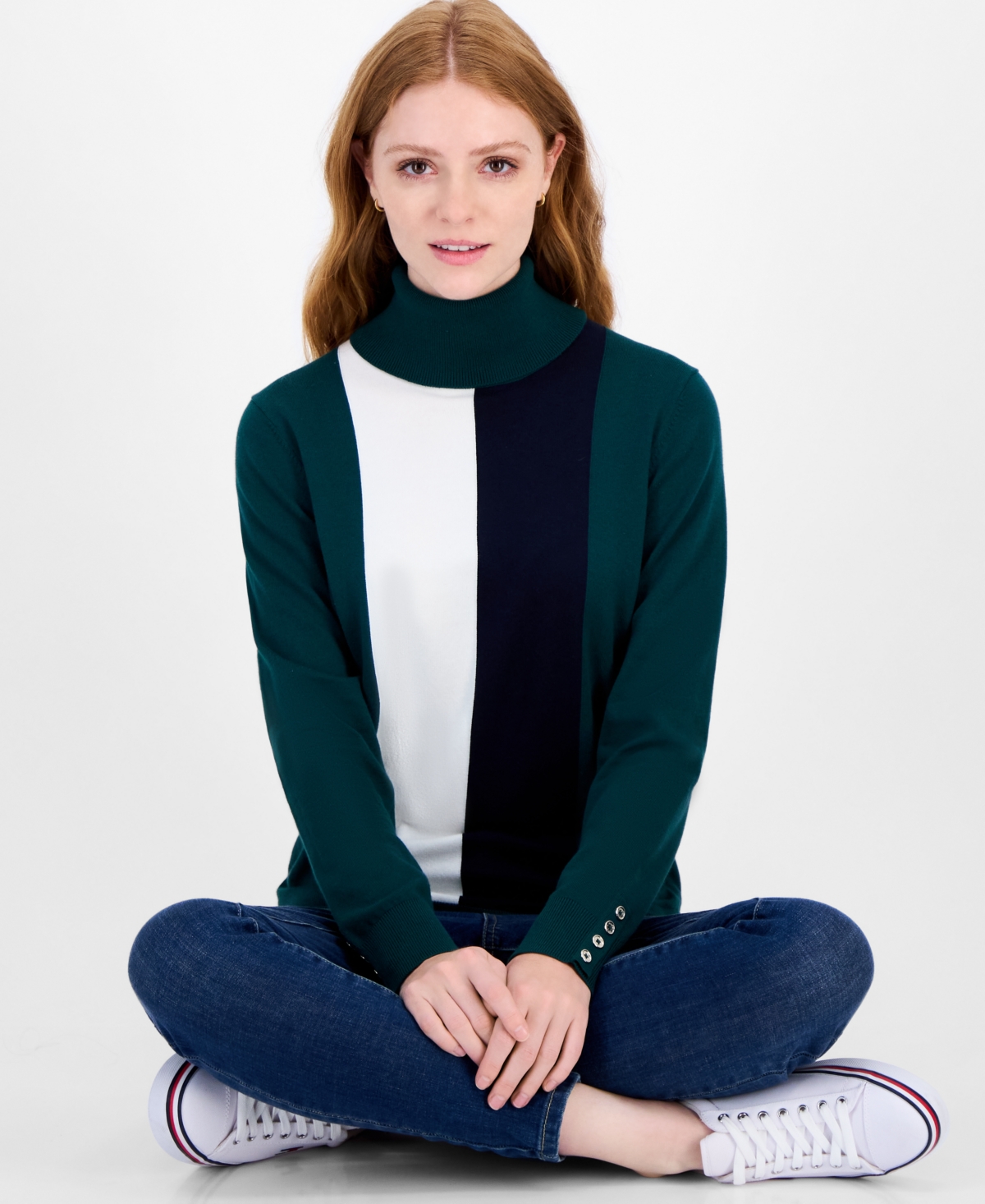 Tommy Hilfiger Women's Cotton Vertical Stripe Turtleneck Sweater In Green