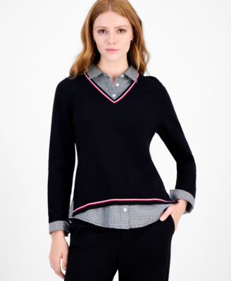 Tommy Hilfiger - Women's Cotton Twofer V-Neck Long-Sleeve Sweater