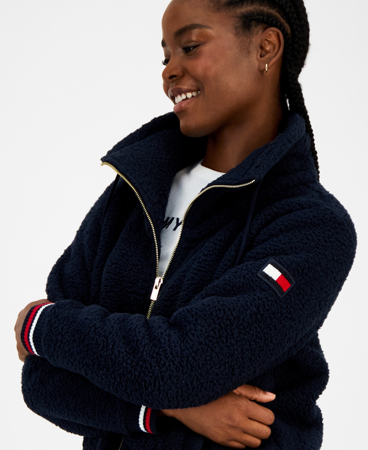 Tommy Hilfiger Women's Faux-sherpa Contrast-rib Bomber Jacket In Blue