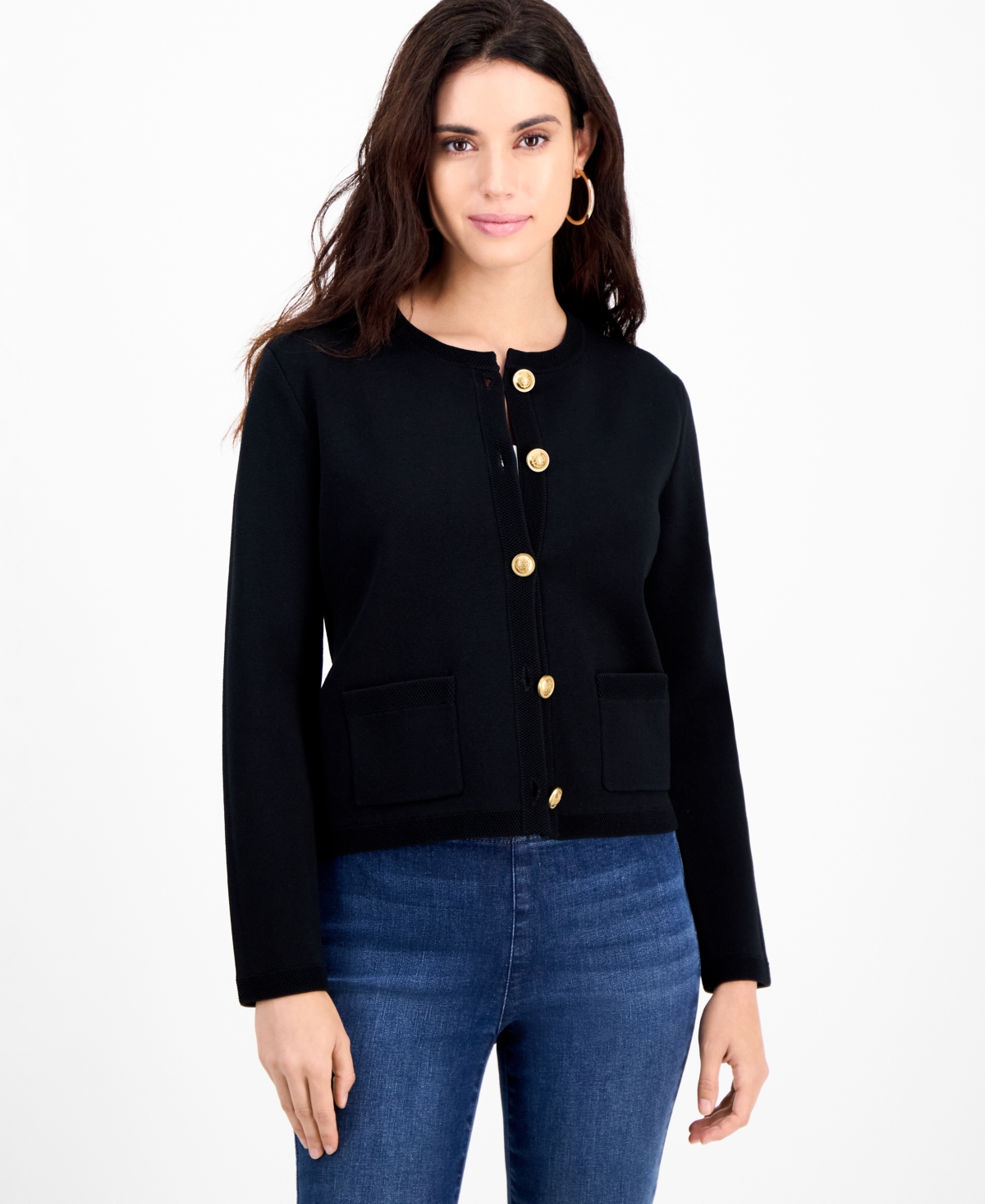 Inc International Concepts Petite Structured Long-sleeve Sweater Jacket, Macy's Exclusive In Black