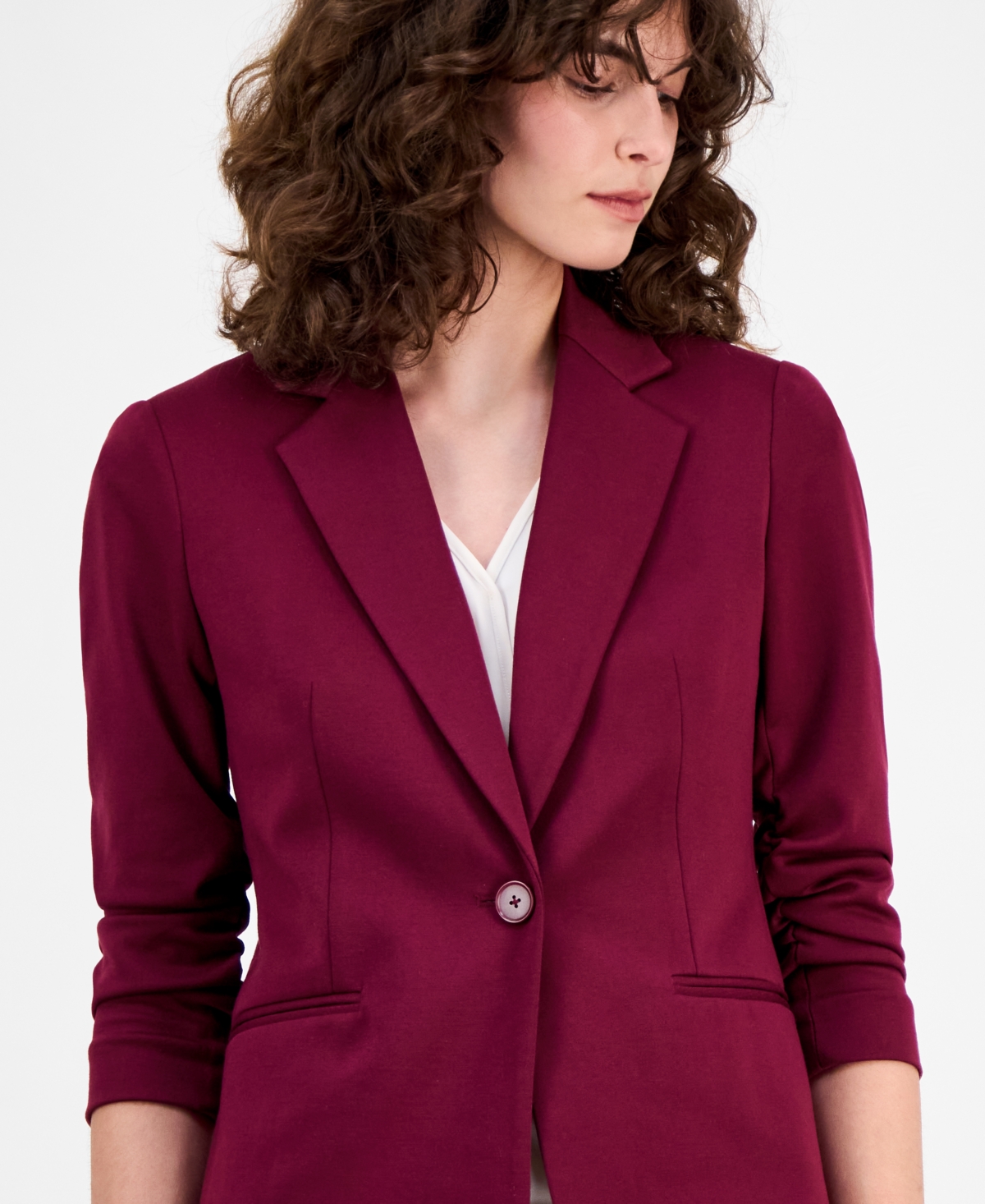 Ak Anne Klein Women's Ruched-sleeve One-button Jacket In Burgundy
