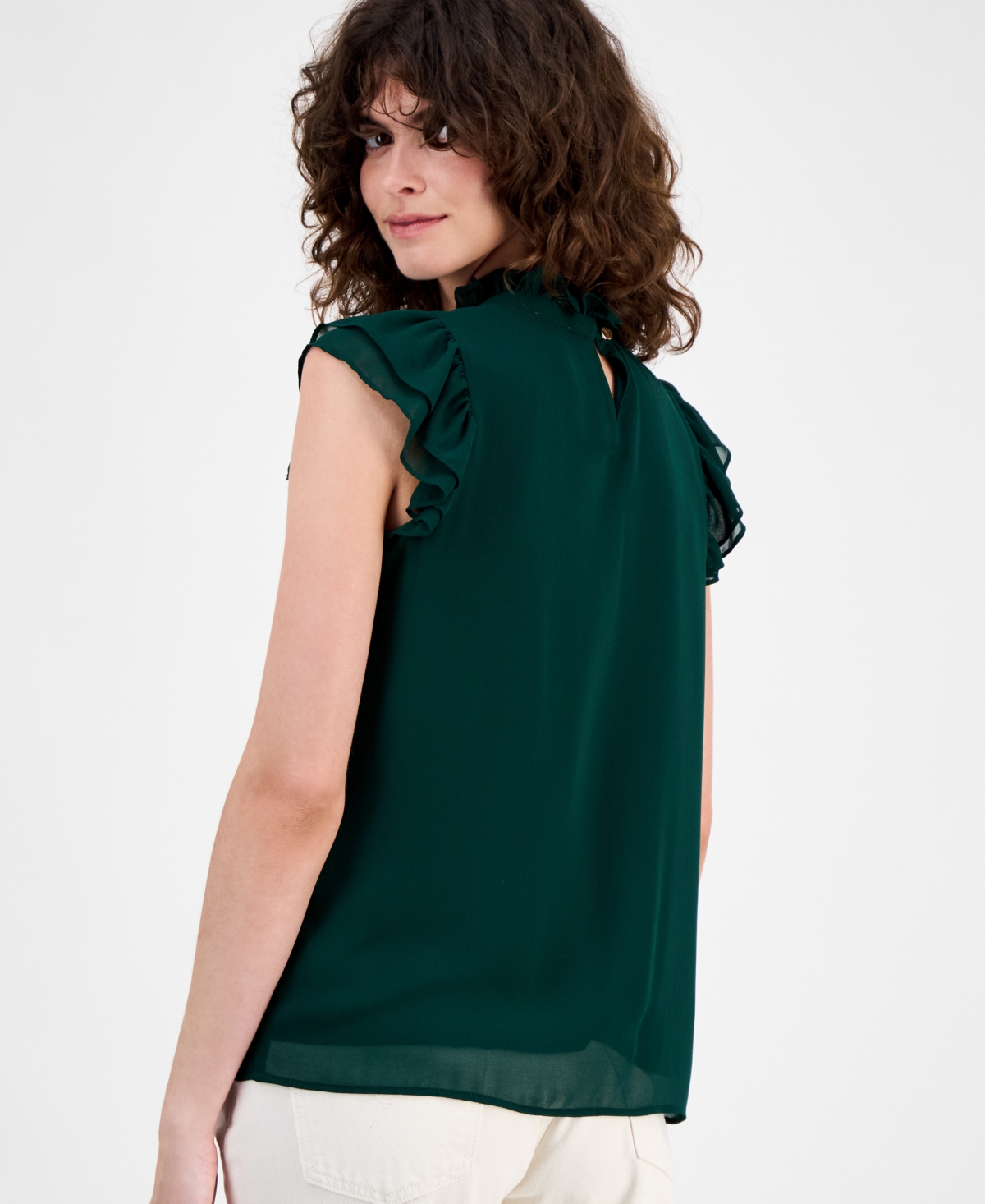 Ak Anne Klein Petite Ruffle-neck Flutter-sleeve Top In Green