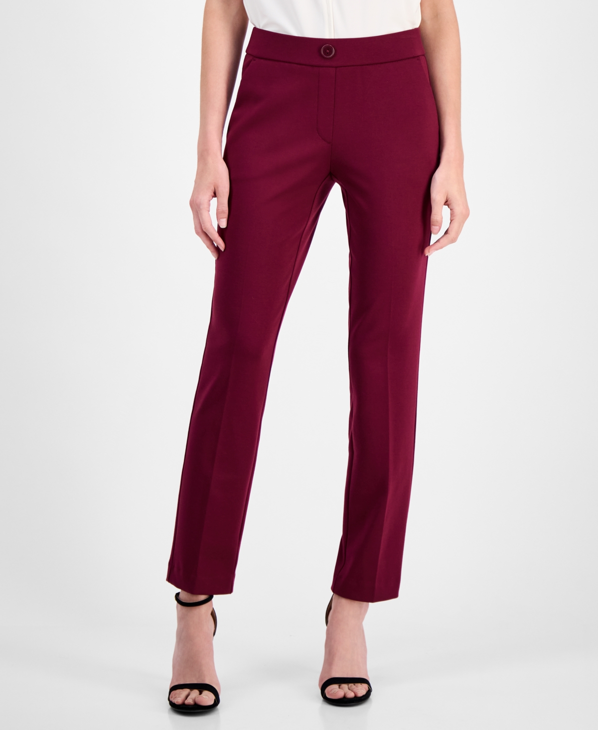 Ak Anne Klein Petite Mid-rise Straight-leg Ankle Pants In Burgundy