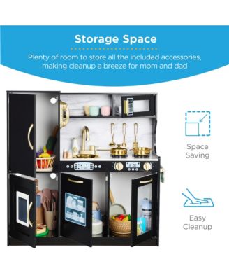 Pretend Play Kitchen Wooden Toy Set for Kids w/ Telephone, Utensils, Oven, Microwave