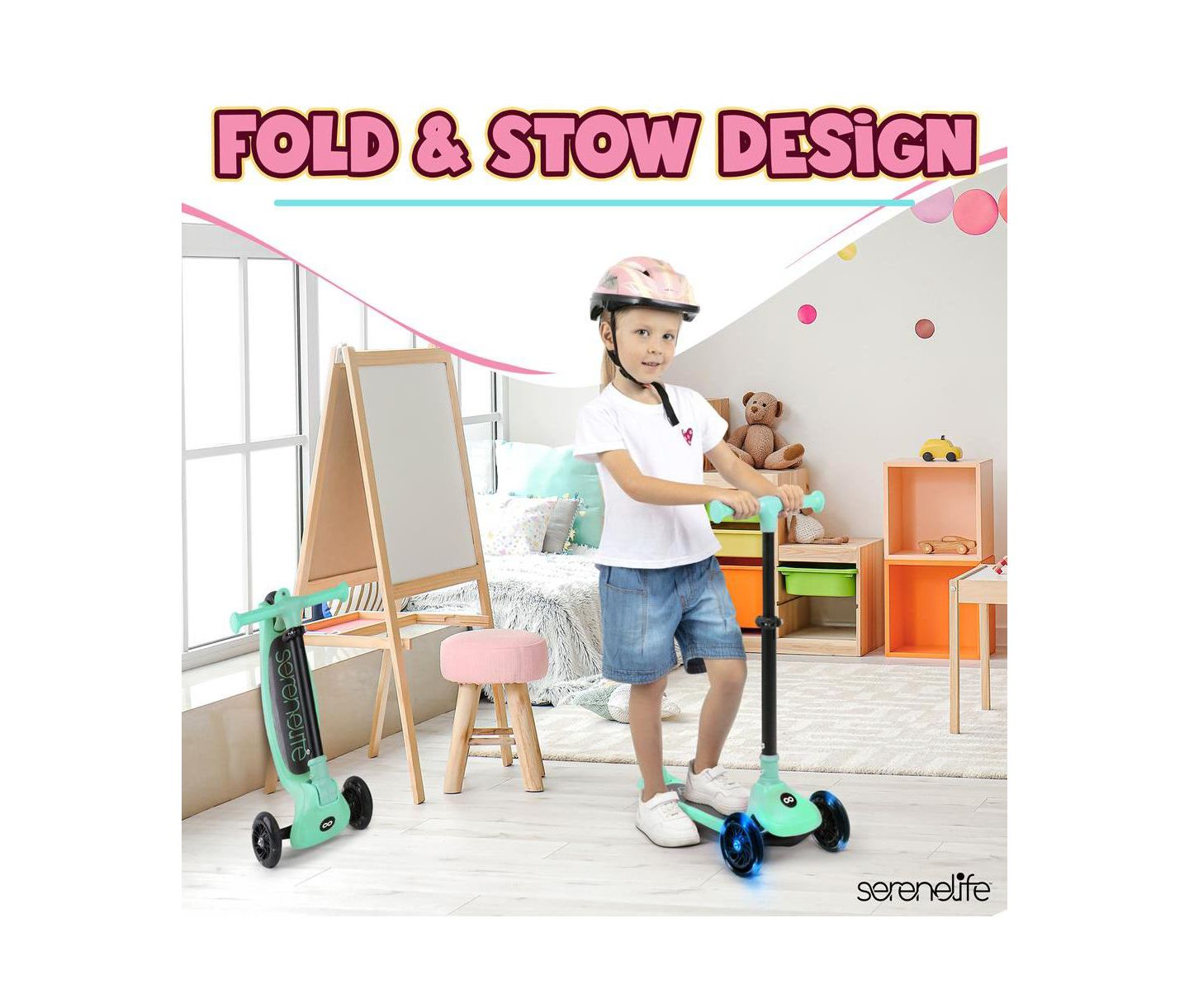 Детская игрушка SereneLife 3-Wheel Built-in LED Wheel Lights Foldable Kid Kick Scooter, Ages 2+, цвет: Зелёный — фото 6