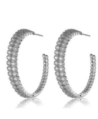 Sterling Silver White Gold Plating with Clear Cubic Zirconia Open Hoop Earrings