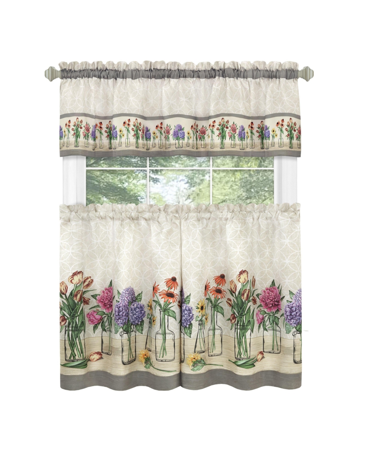 Kate Aurora 3 Piece Gardenia Florals Rod Pocket Kitchen Curtain Tier & Valance Set - 36 in. Long