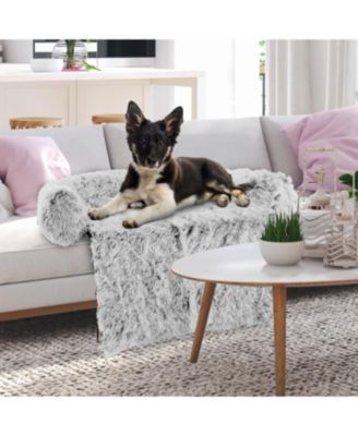 Gray Plush Calming Dog Couch Bed with Anti-Slip Bottom