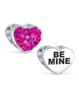 Set of 2 I Love You Princess Heart & Solid Pink Crystal Bead Charm Sterling Silver for Bracelet