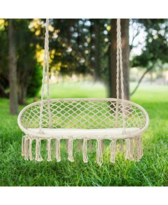 2 Person Hanging Hammock Chair with Cushion Macrame Swing 330 lbs Capacity