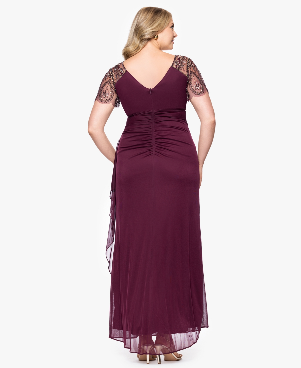 Xscape Plus Size Embellished Sheer Matte Jersey Gown In Burgundy